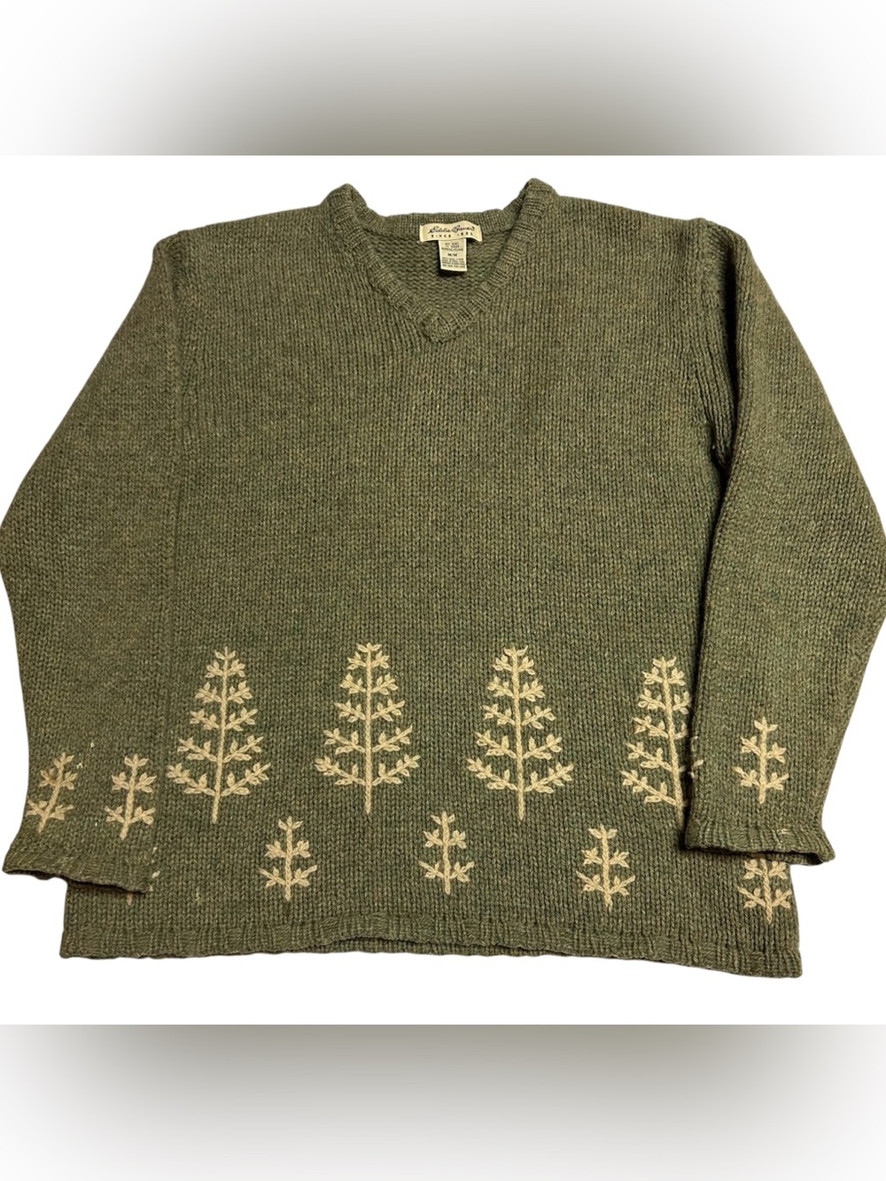 Eddie Bauer Green Wool Fair Isle Embroidery Chunky Knit V-Neck Sweater Sz Med